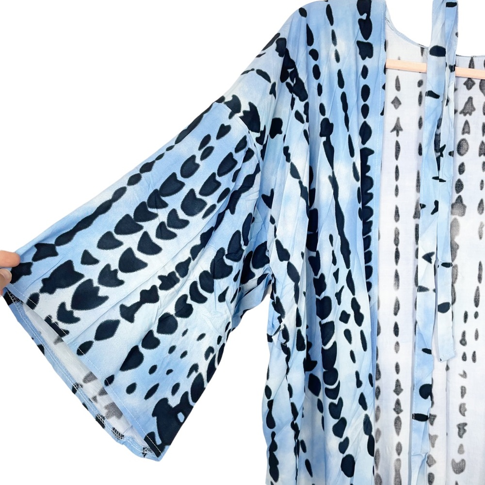 Boho Tie Dye Blue Beach Swim Coverup Maxi Duster Front Tie Flowy Ombre Pockets - Picture 8 of 12